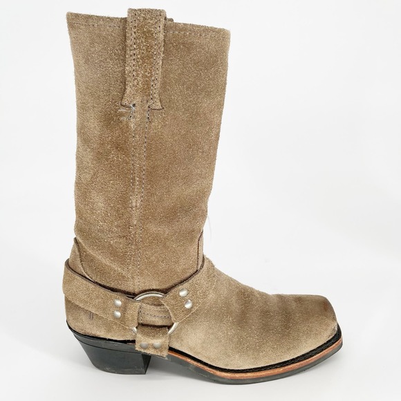 Frye Taupe Suede Leather Harness 12R Tall Square Toe Biker Boot Women's size 8.5 - Picture 2 of 12